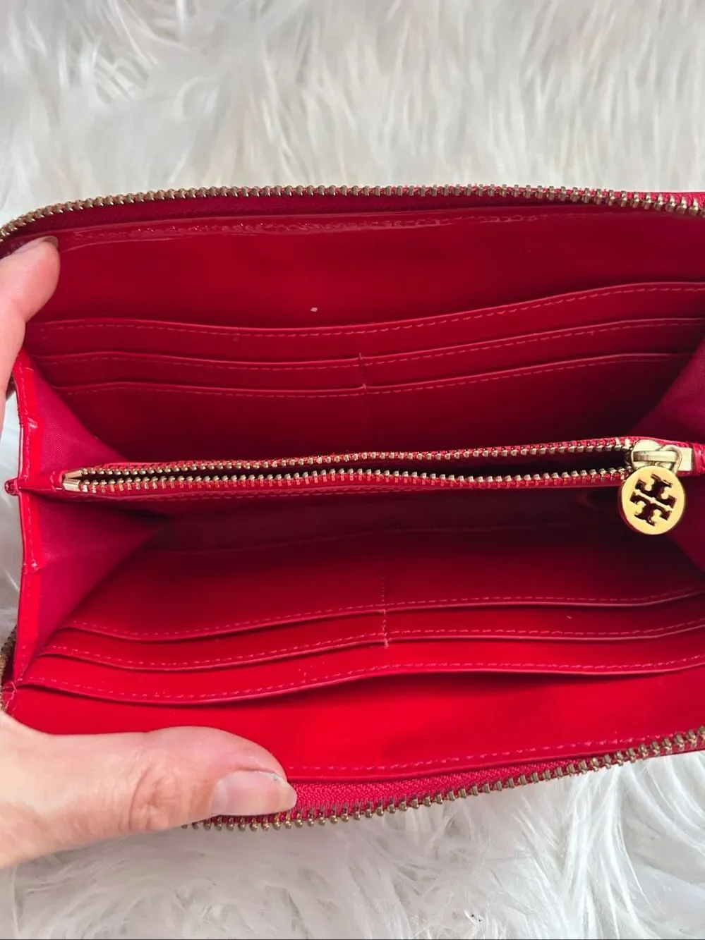 Tory Burch Red Patent Leather Gold Color Zipper Hardware Wallet